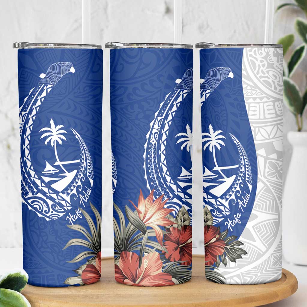 Blue Guam Hafa Adai Skinny Tumbler Tropical Flowers with Polynesian Pattern