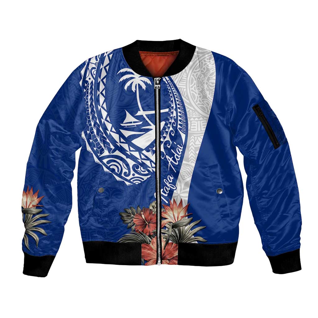 Blue Guam Hafa Adai Sleeve Zip Bomber Jacket Tropical Flowers with Polynesian Pattern