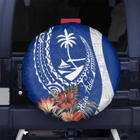 Blue Guam Hafa Adai Spare Tire Cover Tropical Flowers with Polynesian Pattern