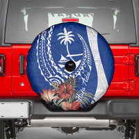 Blue Guam Hafa Adai Spare Tire Cover Tropical Flowers with Polynesian Pattern