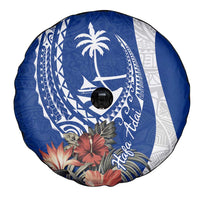 Blue Guam Hafa Adai Spare Tire Cover Tropical Flowers with Polynesian Pattern