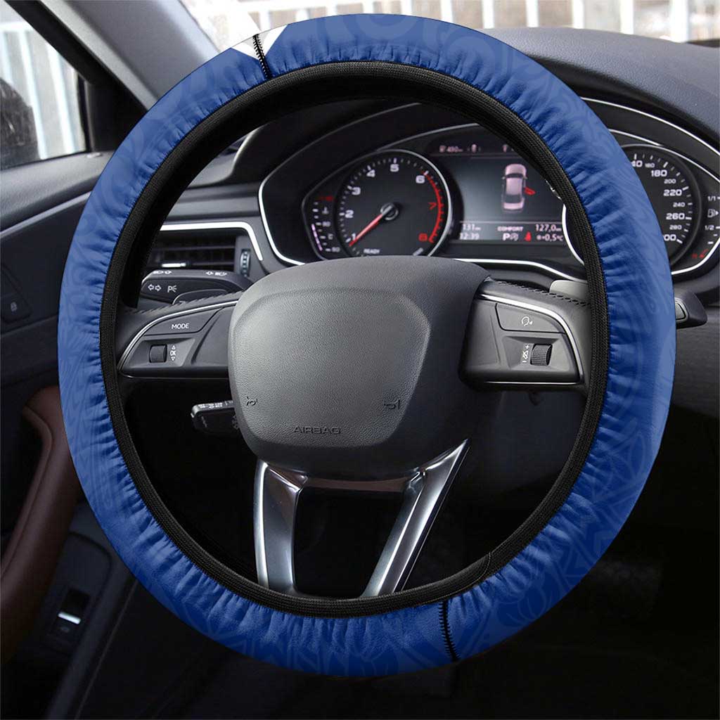 Blue Guam Hafa Adai Steering Wheel Cover Tropical Flowers with Polynesian Pattern