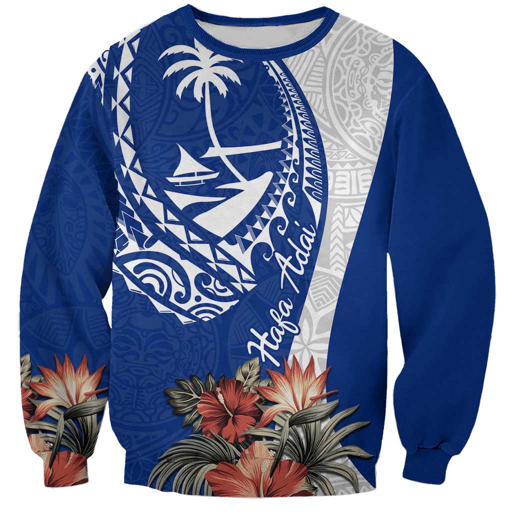 Blue Guam Hafa Adai Sweatshirt Tropical Flowers with Polynesian Pattern
