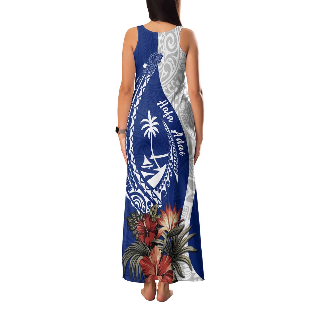 Blue Guam Hafa Adai Tank Maxi Dress Tropical Flowers with Polynesian Pattern