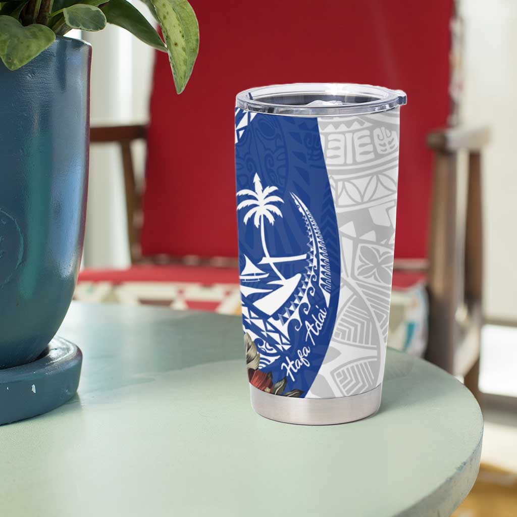 Blue Guam Hafa Adai Tumbler Cup Tropical Flowers with Polynesian Pattern