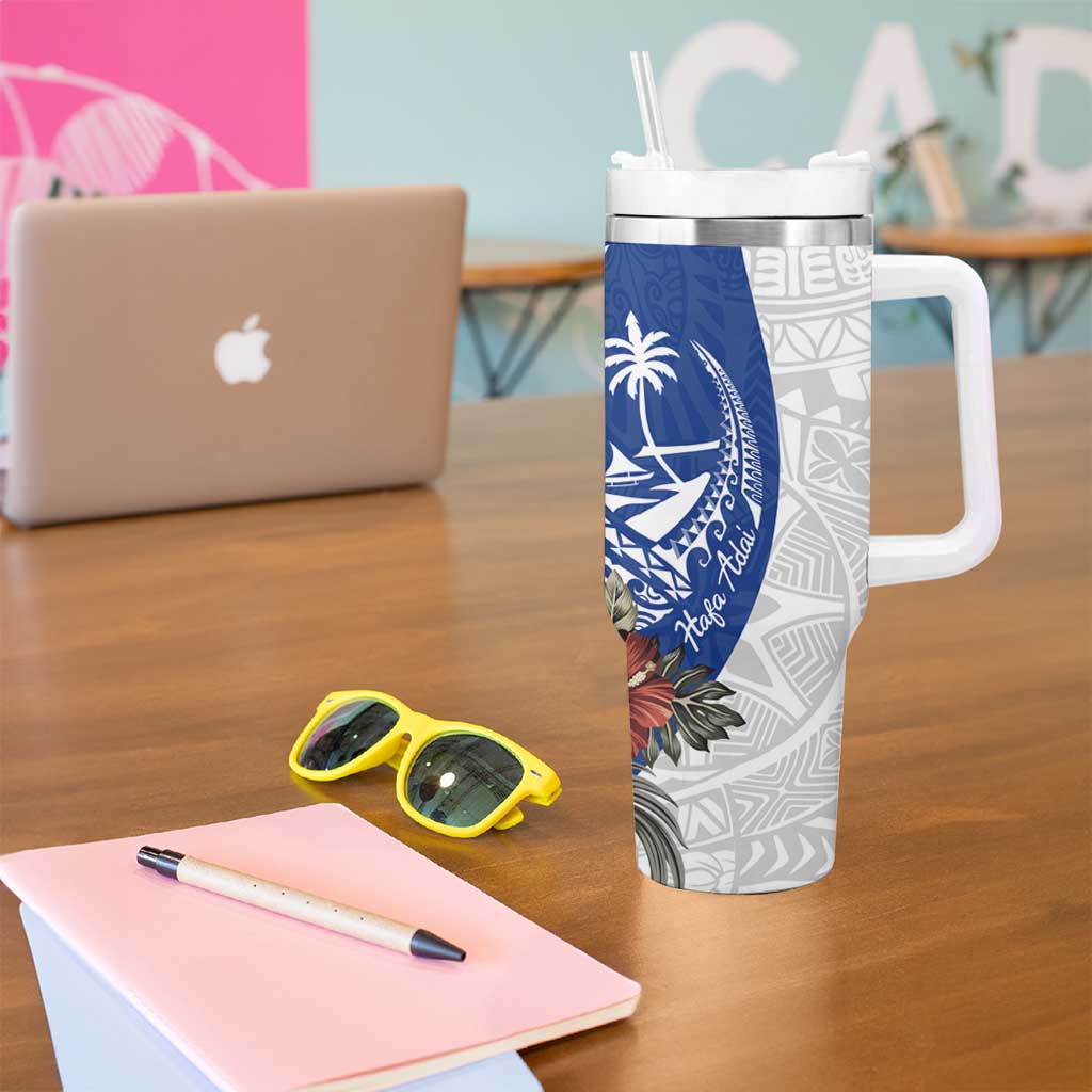 Blue Guam Hafa Adai Tumbler With Handle Tropical Flowers with Polynesian Pattern