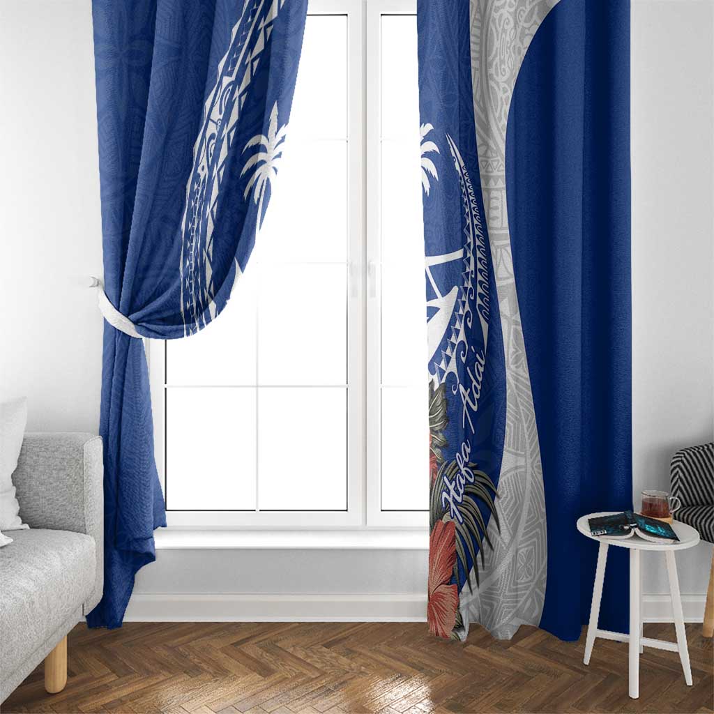 Blue Guam Hafa Adai Window Curtain Tropical Flowers with Polynesian Pattern