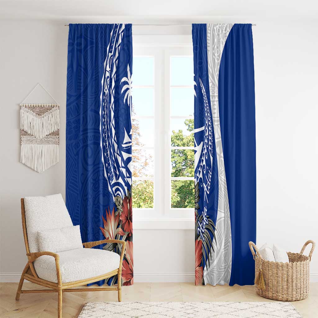 Blue Guam Hafa Adai Window Curtain Tropical Flowers with Polynesian Pattern