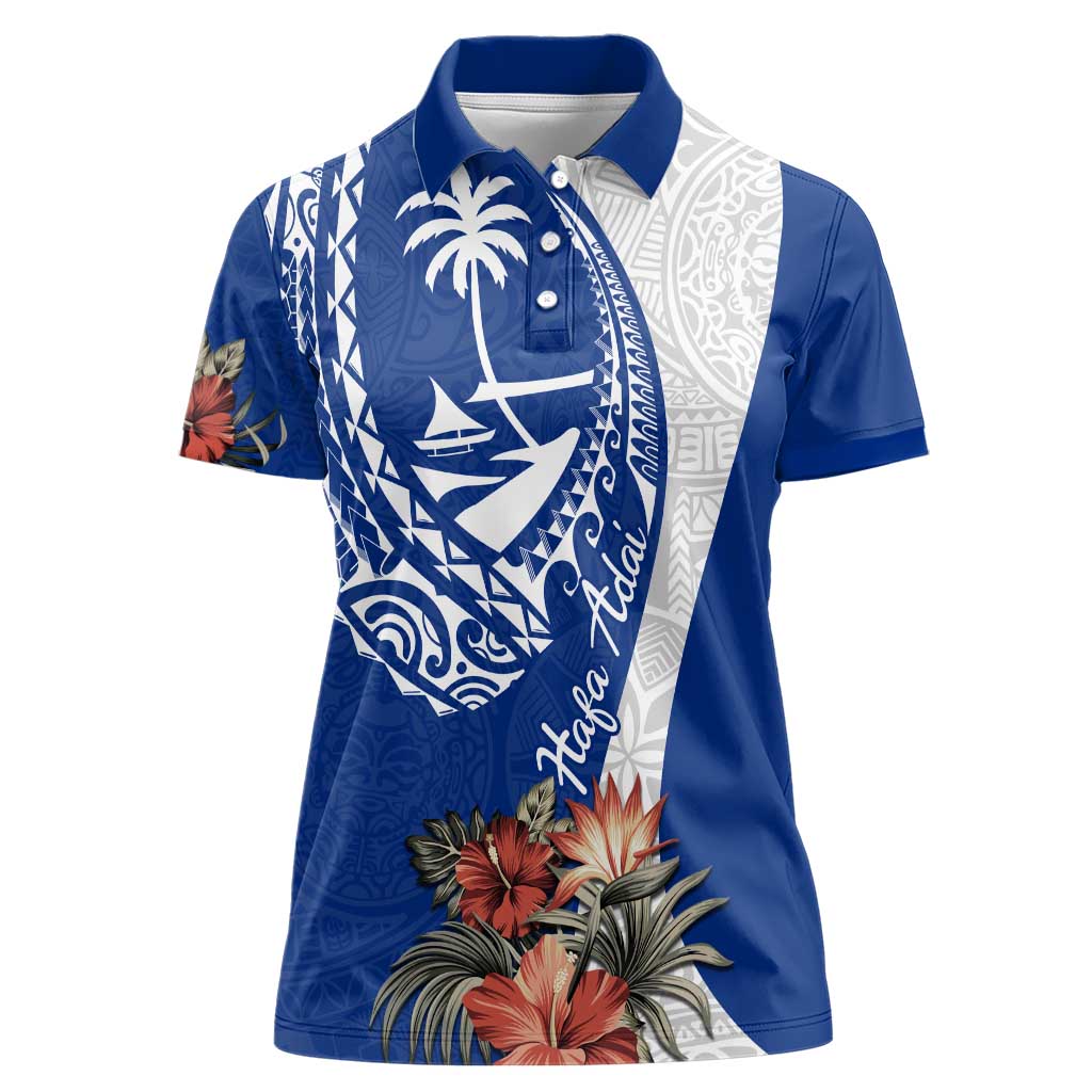 Blue Guam Hafa Adai Women Polo Shirt Tropical Flowers with Polynesian Pattern