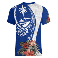 Blue Guam Hafa Adai Women V-Neck T-Shirt Tropical Flowers with Polynesian Pattern
