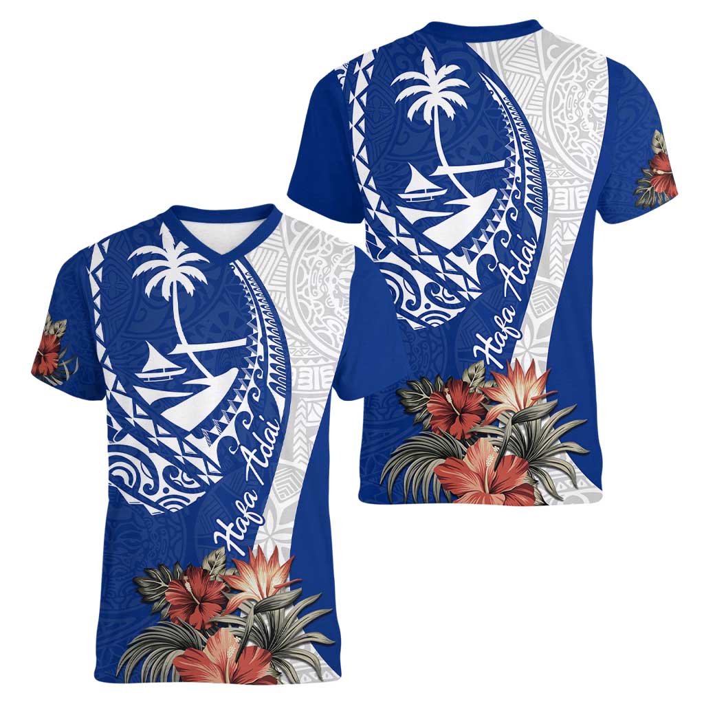 Blue Guam Hafa Adai Women V-Neck T-Shirt Tropical Flowers with Polynesian Pattern