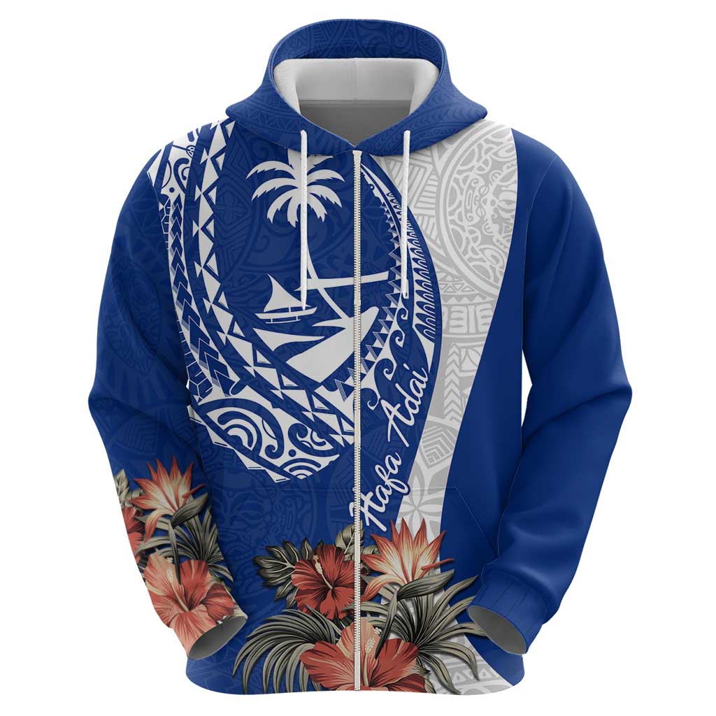 Blue Guam Hafa Adai Zip Hoodie Tropical Flowers with Polynesian Pattern