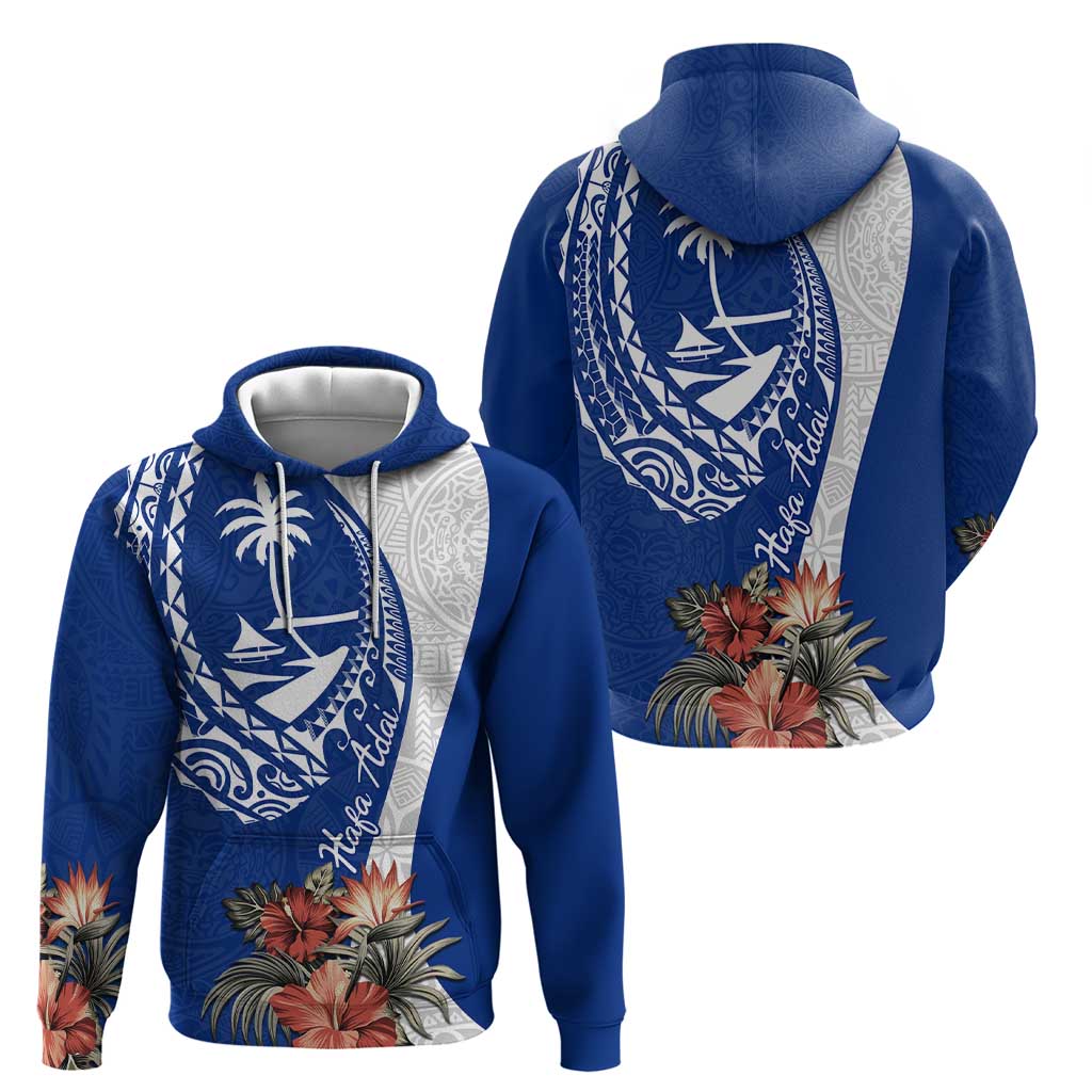 Blue Guam Hafa Adai Zip Hoodie Tropical Flowers with Polynesian Pattern