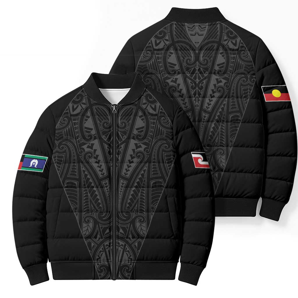 Queensland Maori Rugby Nga Hau e Wha Bomber Puffer Jacket Black Motif - Polynesian Pride