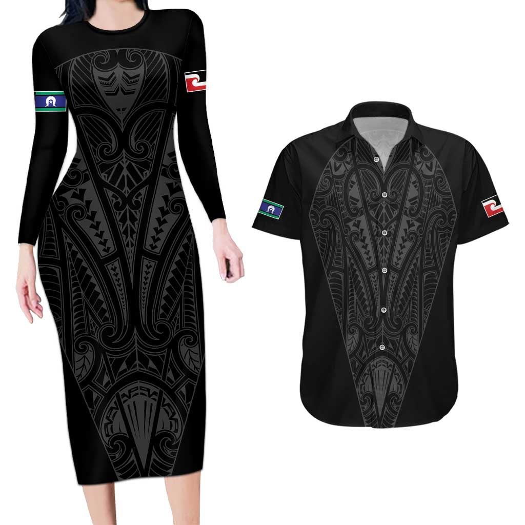 Queensland Maori Rugby Nga Hau e Wha Couples Matching Long Sleeve Bodycon Dress and Hawaiian Shirt Black Motif