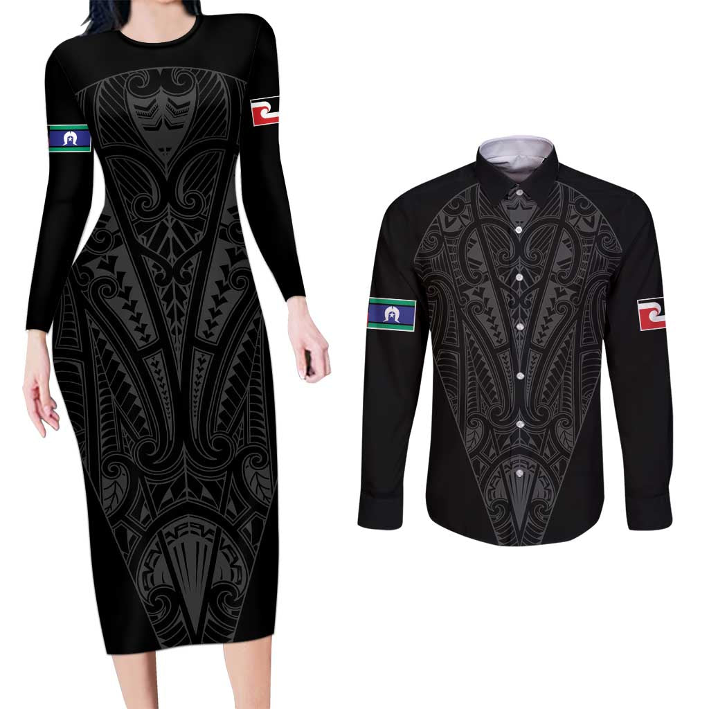 Queensland Maori Rugby Nga Hau e Wha Couples Matching Long Sleeve Bodycon Dress and Long Sleeve Button Shirt Black Motif