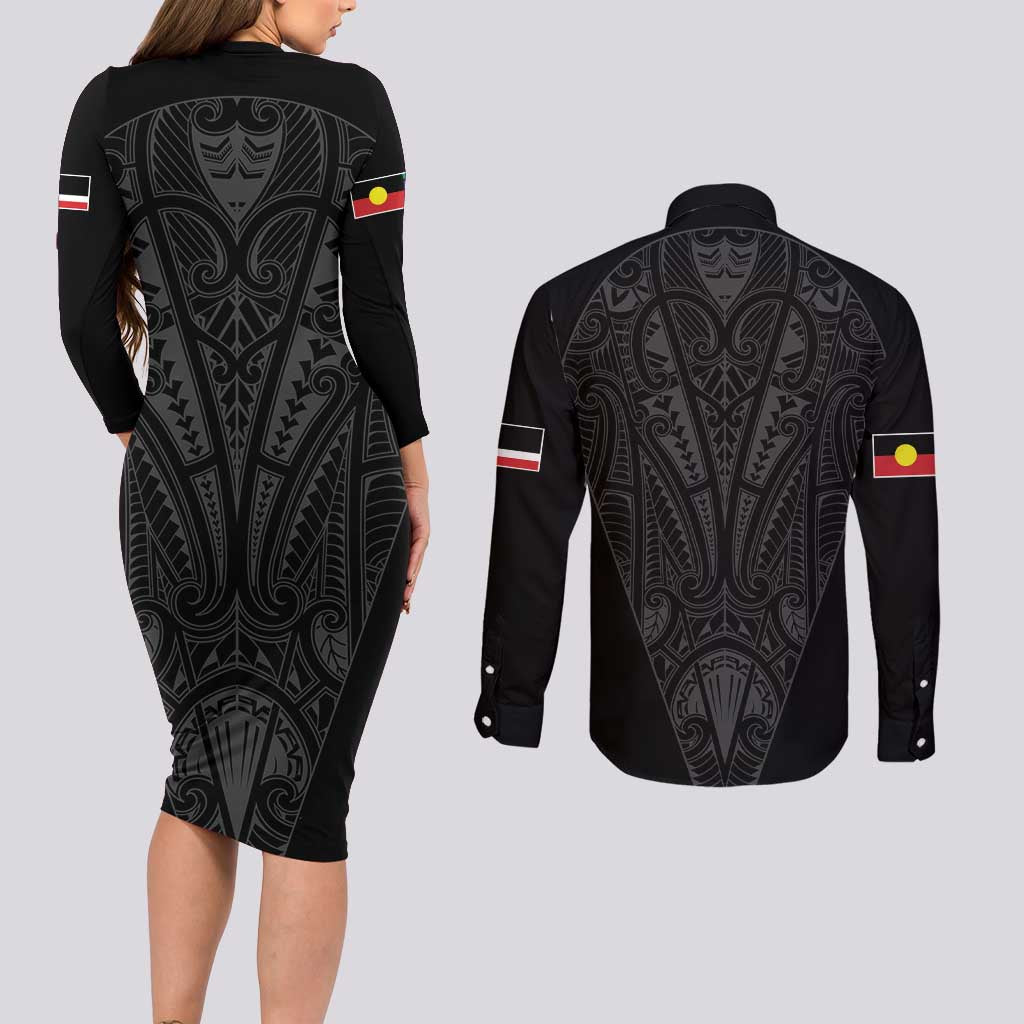 Queensland Maori Rugby Nga Hau e Wha Couples Matching Long Sleeve Bodycon Dress and Long Sleeve Button Shirt Black Motif