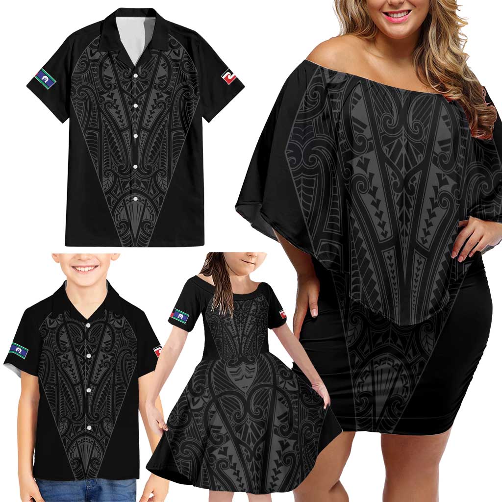 Queensland Maori Rugby Nga Hau e Wha Family Matching Off Shoulder Short Dress and Hawaiian Shirt Black Motif