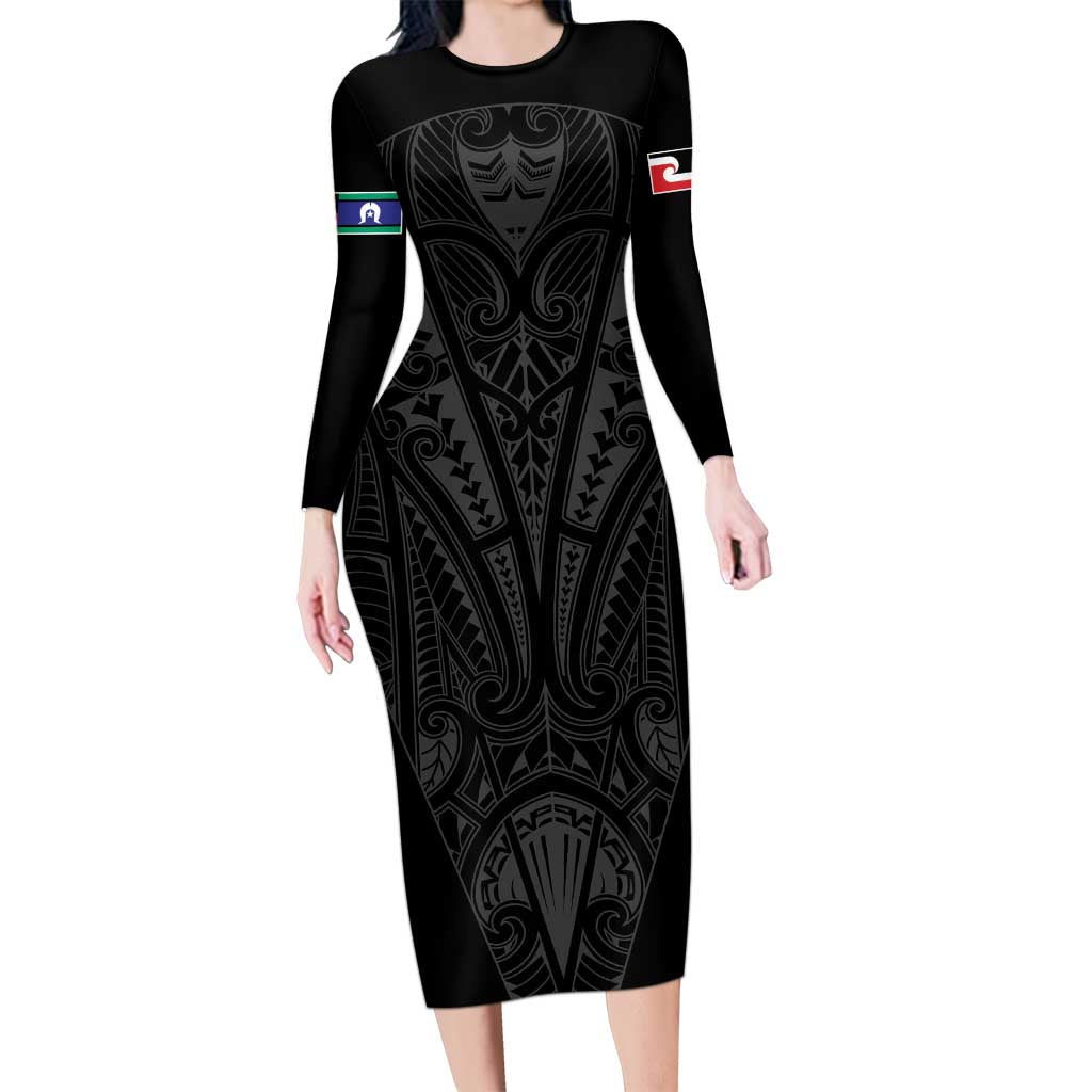 Queensland Maori Rugby Nga Hau e Wha Long Sleeve Bodycon Dress Black Motif