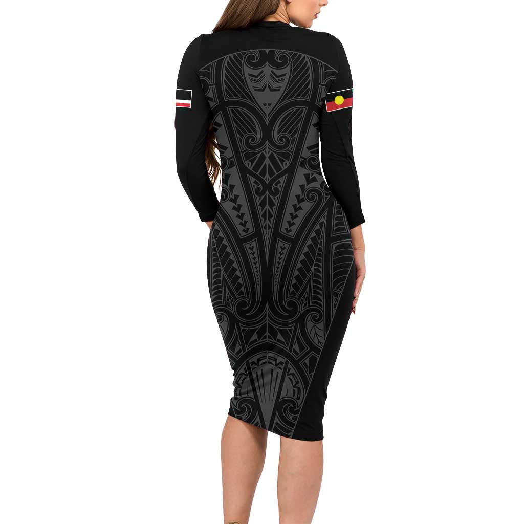 Queensland Maori Rugby Nga Hau e Wha Long Sleeve Bodycon Dress Black Motif