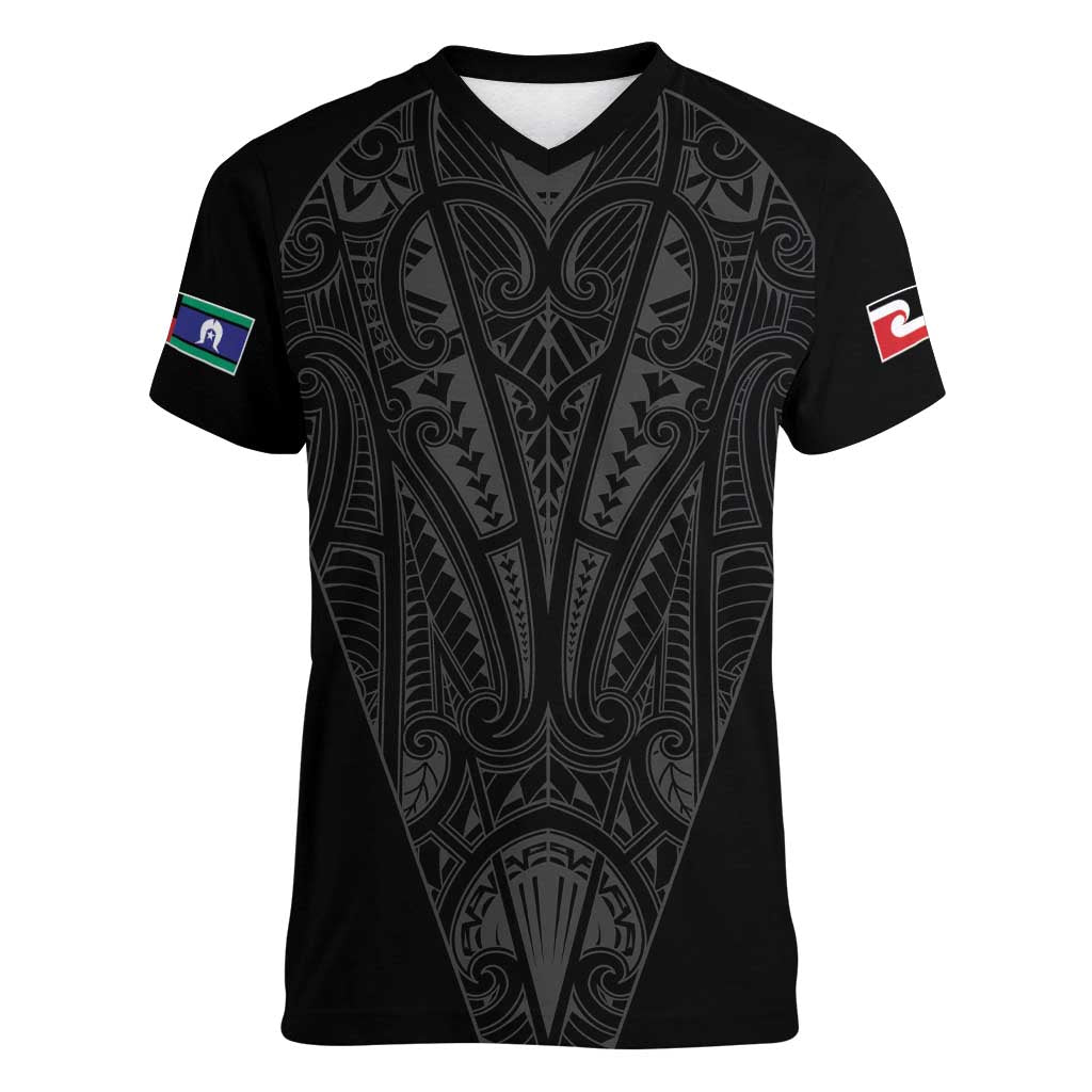 Queensland Maori Rugby Nga Hau e Wha Women V-Neck T-Shirt Black Motif