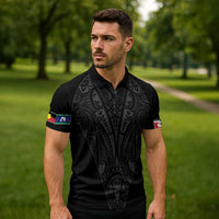 Queensland Maori Rugby Nga Hau e Wha Zipper Polo Shirt Black Motif - Polynesian Pride