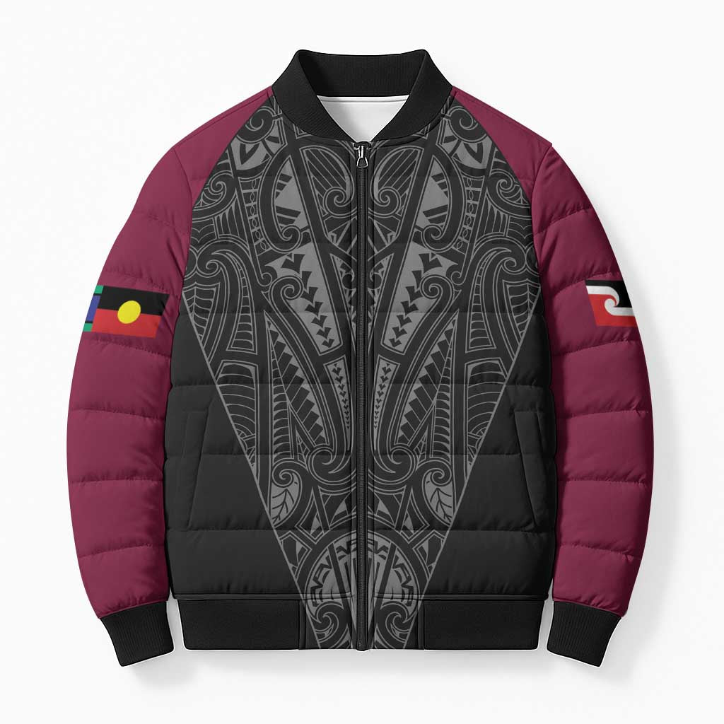 Queensland Maori Rugby Nga Hau e Wha Bomber Puffer Jacket Maroon Motif - Polynesian Pride