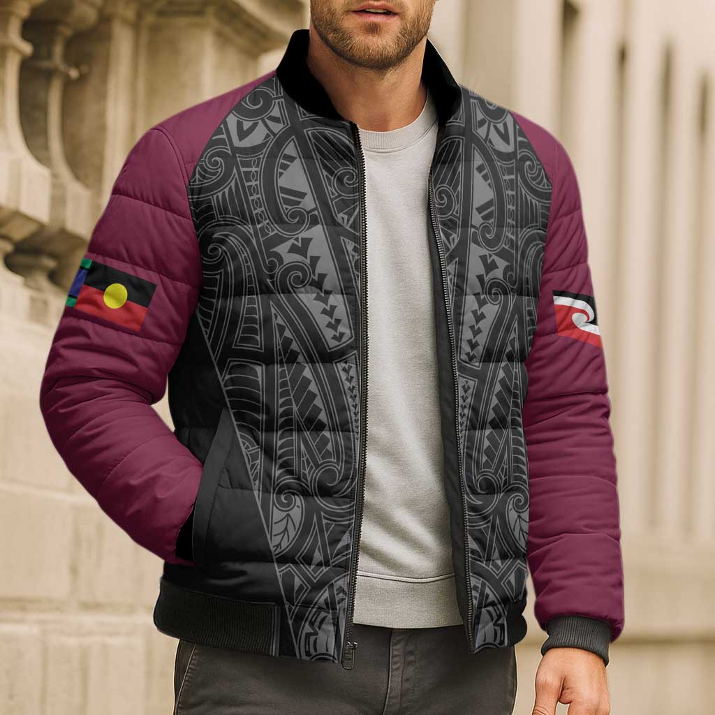 Queensland Maori Rugby Nga Hau e Wha Bomber Puffer Jacket Maroon Motif - Polynesian Pride