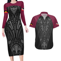 Queensland Maori Rugby Nga Hau e Wha Couples Matching Long Sleeve Bodycon Dress and Hawaiian Shirt Maroon Motif