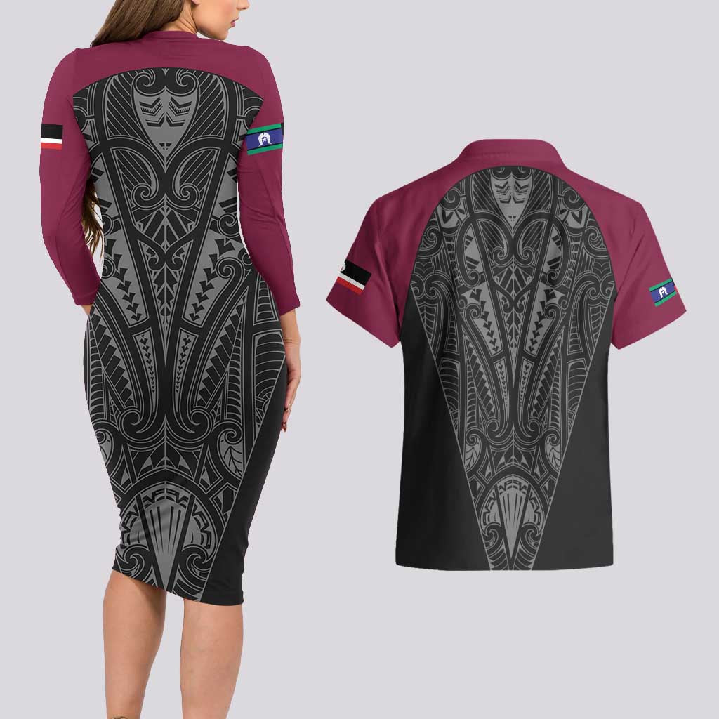 Queensland Maori Rugby Nga Hau e Wha Couples Matching Long Sleeve Bodycon Dress and Hawaiian Shirt Maroon Motif