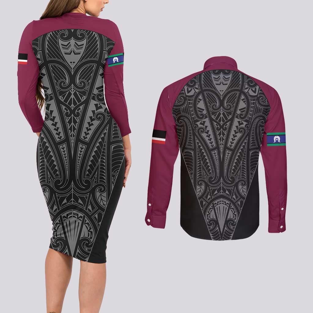 Queensland Maori Rugby Nga Hau e Wha Couples Matching Long Sleeve Bodycon Dress and Long Sleeve Button Shirt Maroon Motif