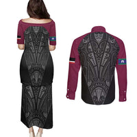 Queensland Maori Rugby Nga Hau e Wha Couples Matching Puletasi and Long Sleeve Button Shirt Maroon Motif