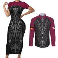 Queensland Maori Rugby Nga Hau e Wha Couples Matching Short Sleeve Bodycon Dress and Long Sleeve Button Shirt Maroon Motif