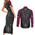 Queensland Maori Rugby Nga Hau e Wha Couples Matching Short Sleeve Bodycon Dress and Long Sleeve Button Shirt Maroon Motif