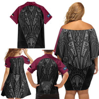 Queensland Maori Rugby Nga Hau e Wha Family Matching Off Shoulder Short Dress and Hawaiian Shirt Maroon Motif