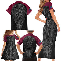 Queensland Maori Rugby Nga Hau e Wha Family Matching Short Sleeve Bodycon Dress and Hawaiian Shirt Maroon Motif