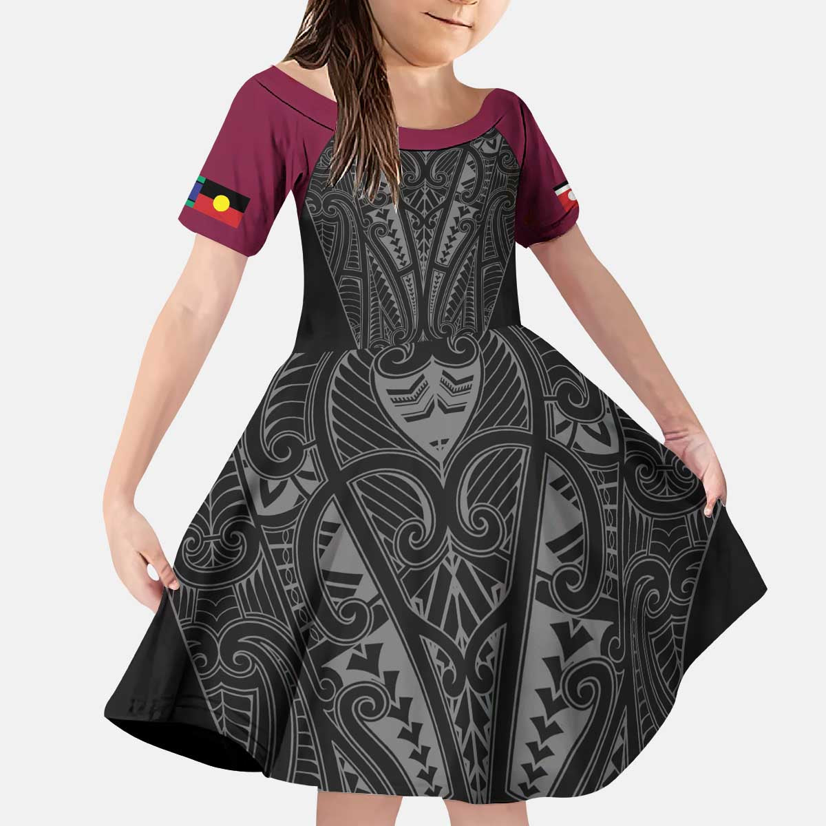 Queensland Maori Rugby Nga Hau e Wha Kid Short Sleeve Dress Maroon Motif