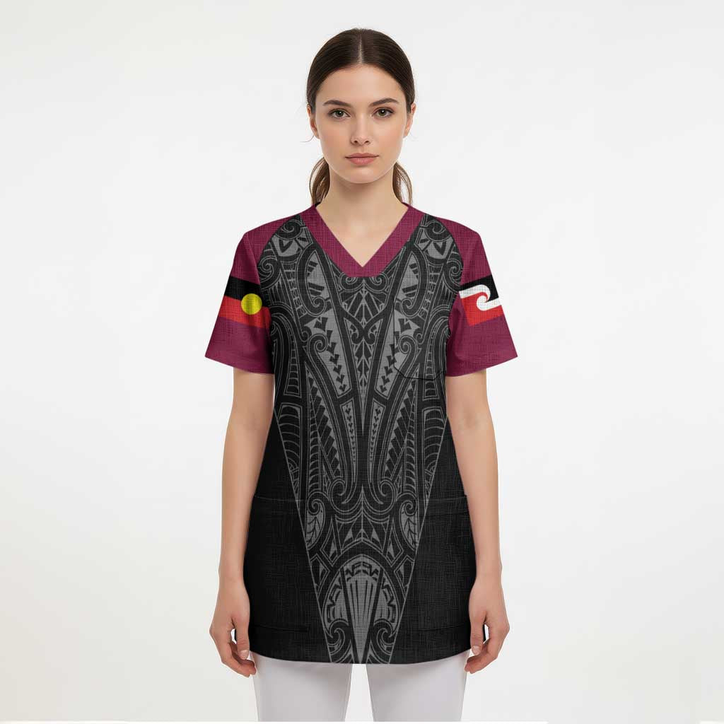 Queensland Maori Rugby Nga Hau e Wha Scrub Top Maroon Motif - Polynesian Pride