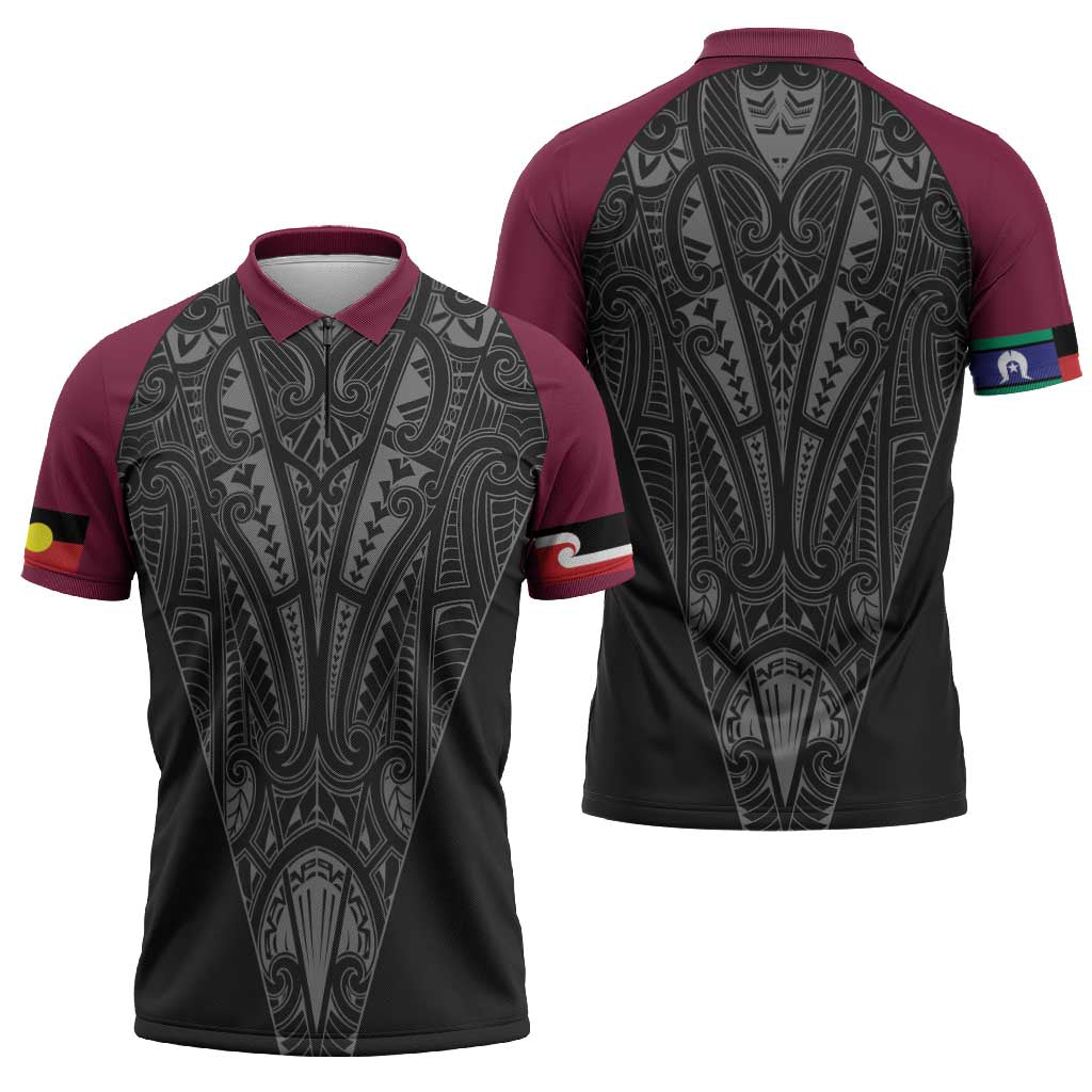 Queensland Maori Rugby Nga Hau e Wha Zipper Polo Shirt Maroon Motif - Polynesian Pride