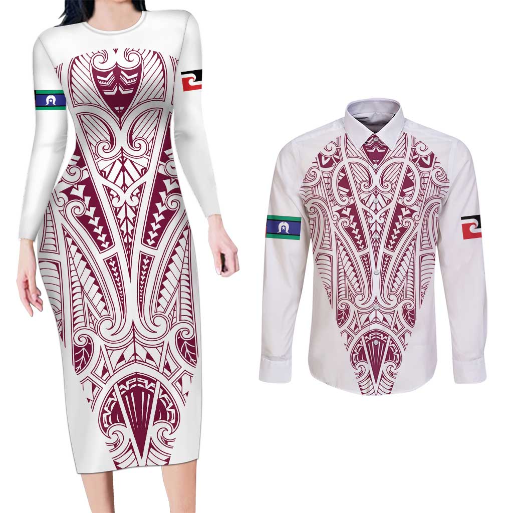 Queensland Maori Rugby Nga Hau e Wha Couples Matching Long Sleeve Bodycon Dress and Long Sleeve Button Shirt White Motif