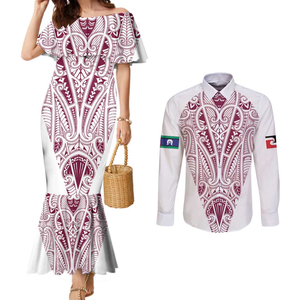 Queensland Maori Rugby Nga Hau e Wha Couples Matching Mermaid Dress and Long Sleeve Button Shirt White Motif