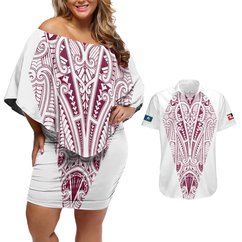 Queensland Maori Rugby Nga Hau e Wha Couples Matching Off Shoulder Short Dress and Hawaiian Shirt White Motif