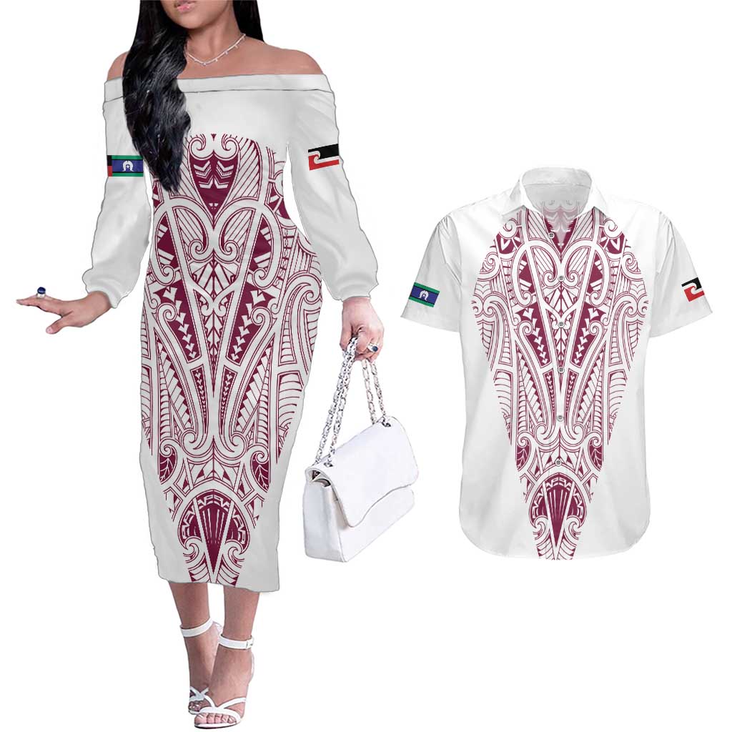 Queensland Maori Rugby Nga Hau e Wha Couples Matching Off The Shoulder Long Sleeve Dress and Hawaiian Shirt White Motif