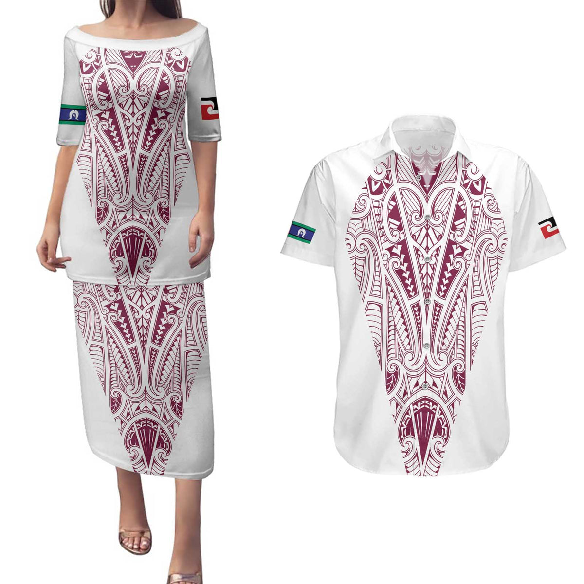 Queensland Maori Rugby Nga Hau e Wha Couples Matching Puletasi and Hawaiian Shirt White Motif