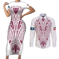 Queensland Maori Rugby Nga Hau e Wha Couples Matching Short Sleeve Bodycon Dress and Long Sleeve Button Shirt White Motif