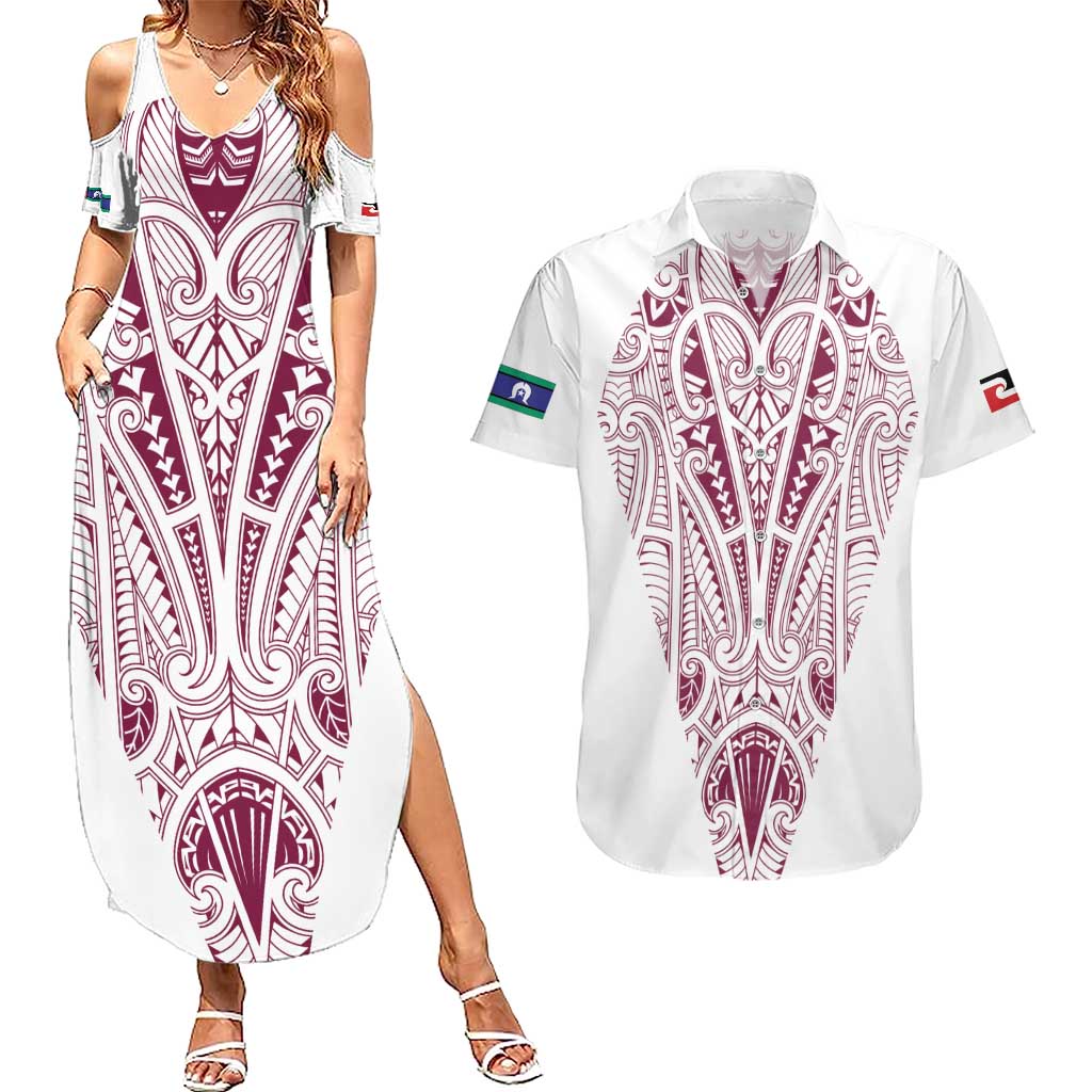Queensland Maori Rugby Nga Hau e Wha Couples Matching Summer Maxi Dress and Hawaiian Shirt White Motif
