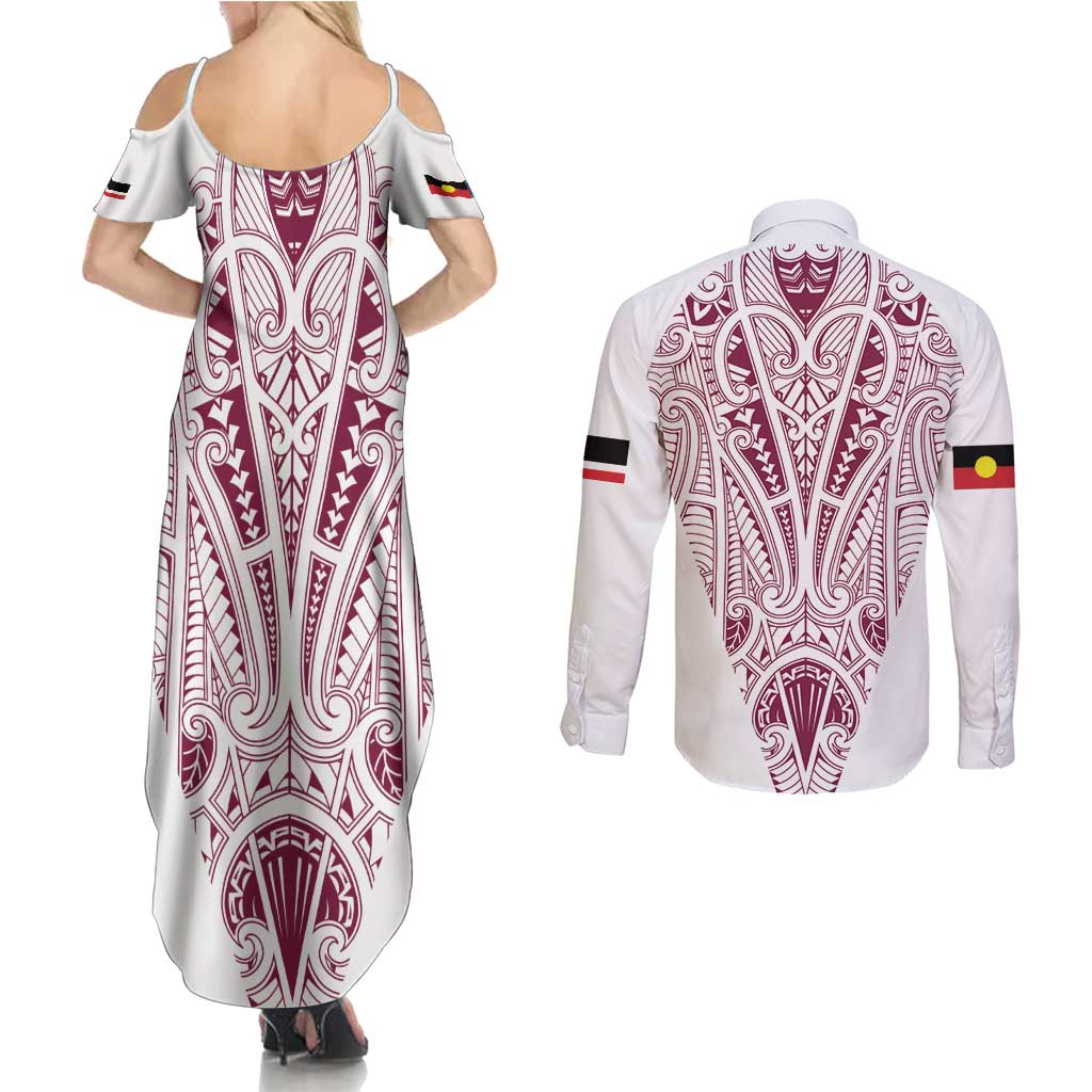 Queensland Maori Rugby Nga Hau e Wha Couples Matching Summer Maxi Dress and Long Sleeve Button Shirt White Motif