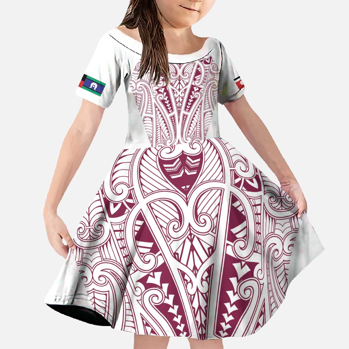 Queensland Maori Rugby Nga Hau e Wha Family Matching Off The Shoulder Long Sleeve Dress and Hawaiian Shirt White Motif
