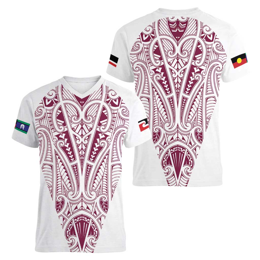 Queensland Maori Rugby Nga Hau e Wha Women V-Neck T-Shirt White Motif