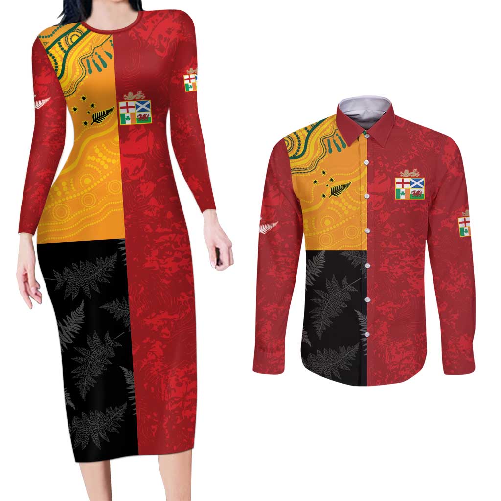 Custom British Lions-AUNZ Couples Matching Long Sleeve Bodycon Dress and Long Sleeve Button Shirt Australia-New Zealand Indigenous Motif LT9 Red - Polynesian Pride